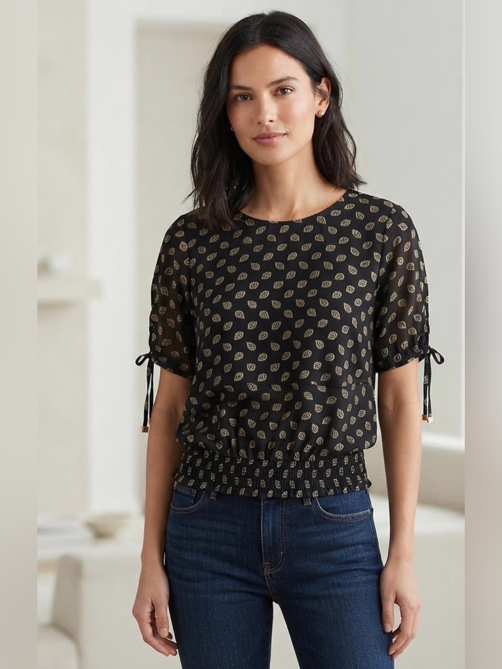Michael Kors Black Short Sleeve Top with Gold Leaf Motif